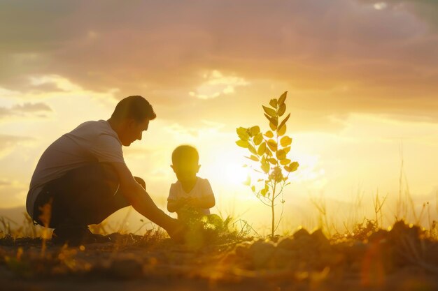 Photo père et fils plantant des arbres concept de la journée mondiale de l'environnement jour de la terre