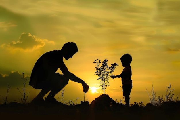 Photo père et fils plantant des arbres concept de la journée mondiale de l'environnement jour de la terre