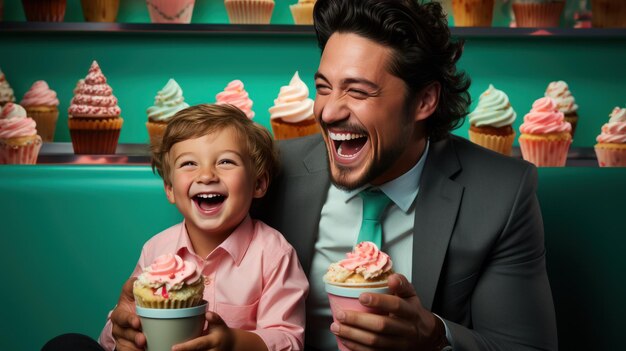 Père et fils profitent du temps ensemble dans un café en mangeant des desserts Fête d'anniversaire heureuse Fathers da