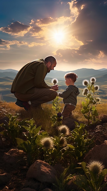 père et fils regardant une fleur avec le soleil derrière eux.