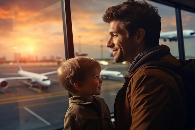 Photo père et fils regardant par la fenêtre d'un avion ai