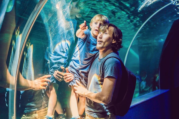 Père et fils regardant des poissons dans un aquarium tunnel.