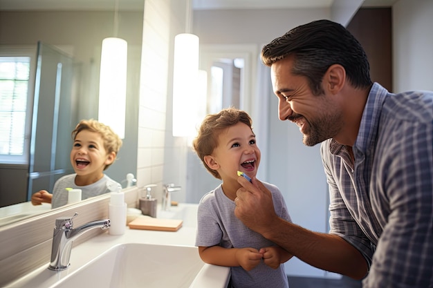 Père et fils se brossant les dents ensemble dans la salle de bain à la maison Papa enfant et se brossant les dents dans un bain à la maison familiale AI généré