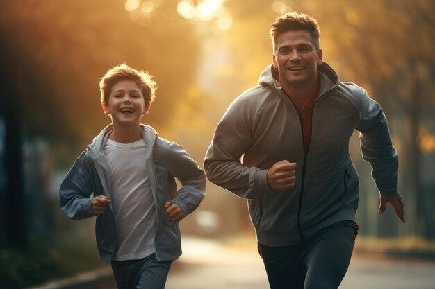 Père et fils vêtus de combinaisons de sport courant avec la lumière du matin Concept sportif