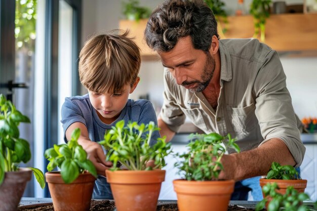 Un père avec un garçon plantant des herbes à la maison