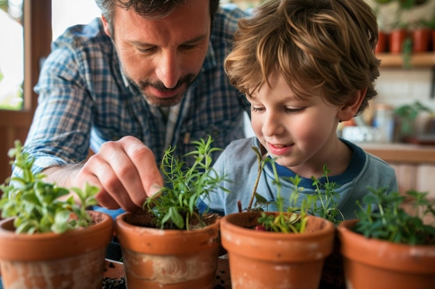 Un père avec un garçon plantant des herbes à la maison
