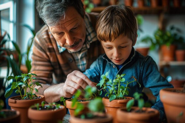 Un père avec un garçon plantant des herbes à la maison