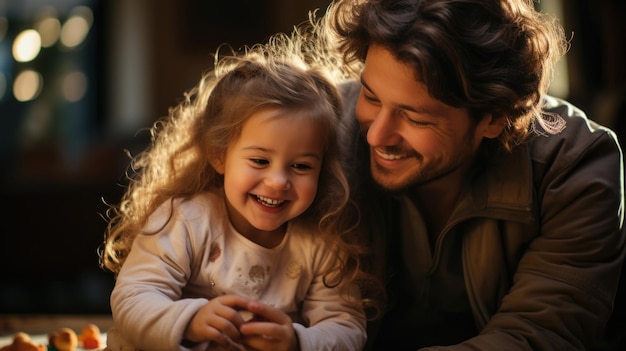 Un père heureux et sa petite fille mangeant des biscuits à table.