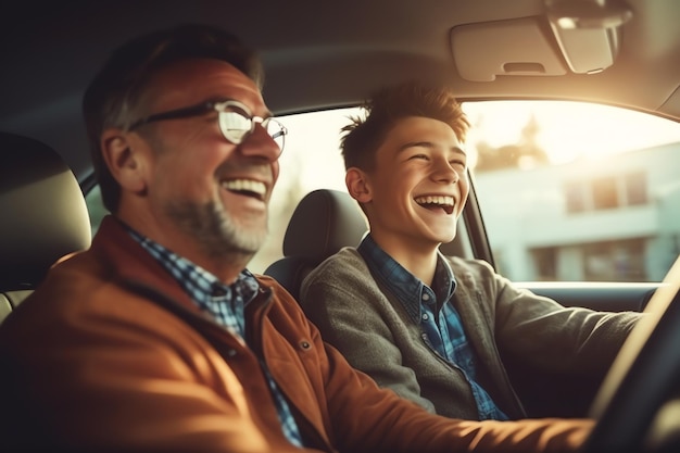 Un père heureux et son enfant en voiture