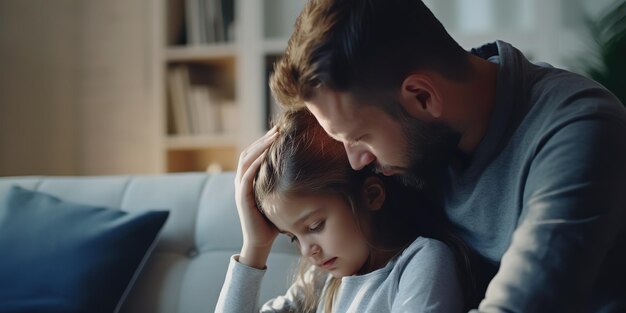 Un père inquiet vérifie la température du front d'une fille en mauvaise santé assise sur le canapé à la maison