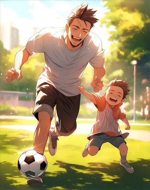 Un père joue au football avec son fils dans le jardin