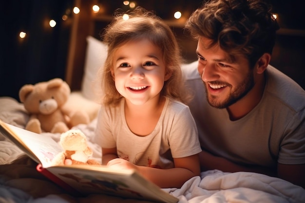 Un père lit un livre à sa fille avant d'aller se coucher.