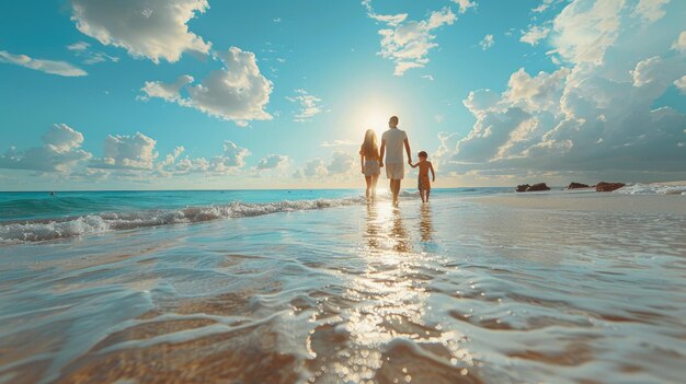 Père, mère et enfant en vacances d'été sur le fond de la mer bleue et du ciel