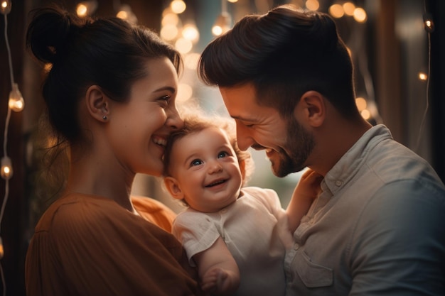 père et mère heureux tenant leur bébé et souriant pour votre bébé