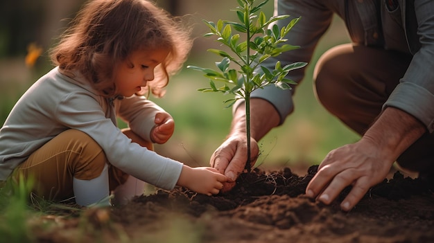 Un père montre à sa fille comment planter un arbre et s'occuper du jardin et des plantes créées avec la technologie d'intelligence artificielle générative