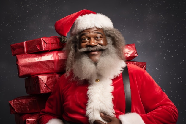 Le Père Noël afro-américain tient une énorme pile de cadeaux.