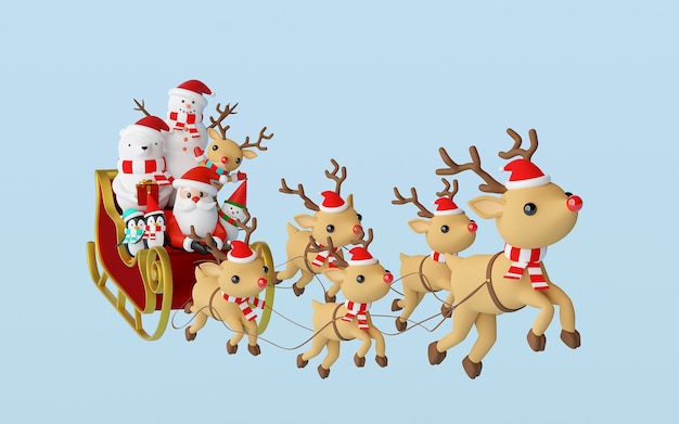 Père Noël et ami dans un traîneau tiré par le rendu 3d de rennes