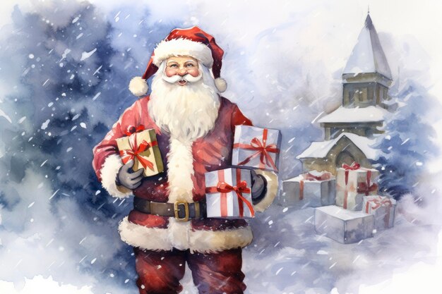 Père Noël avec aquarelle de coffrets cadeaux