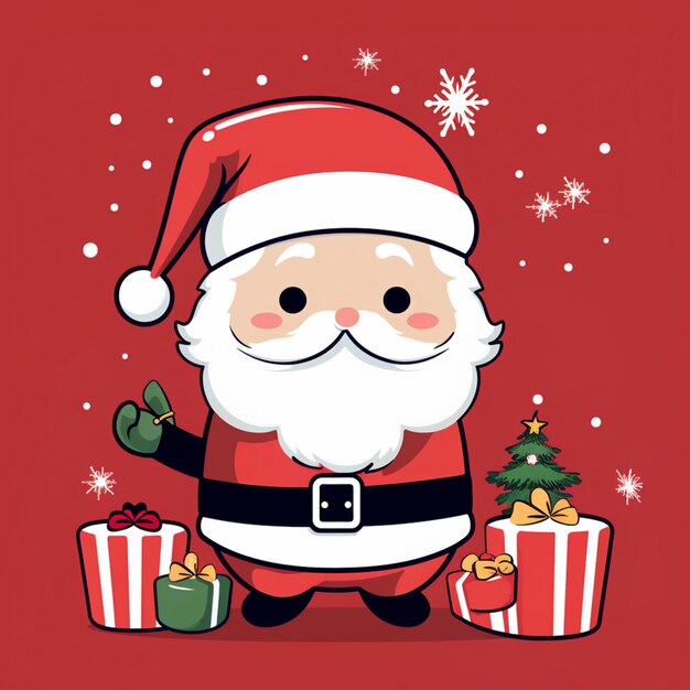 Le père Noël avec un arbre de Noël et des cadeaux sur un fond rouge