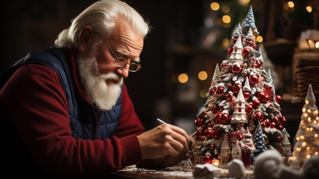 Le Père Noël arrange un arbre de Noël magnifiquement décoré avec des ornements et des lumières dans le salon de Chris