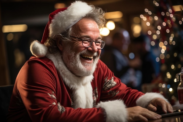 Père Noël assis avec un ordinateur