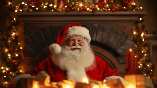 Le Père Noël atterrit gracieusement sur un foyer magnifiquement décoré entouré de la chaleur des fêtes.