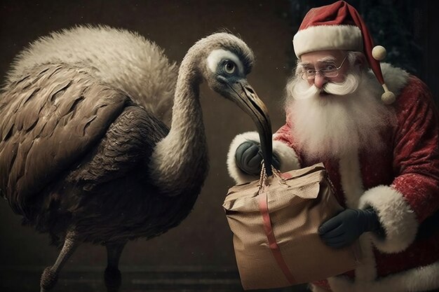 Le Père Noël sur une autruche apporte des cadeaux aux enfants obéissants