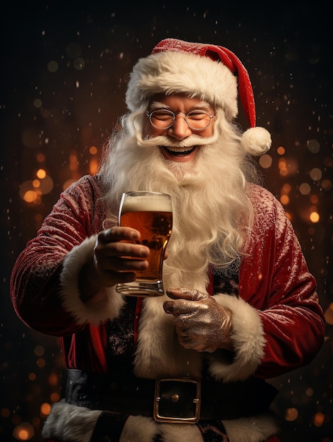 Le Père Noël Boire De La Bière Avec Un Sourire Heureux