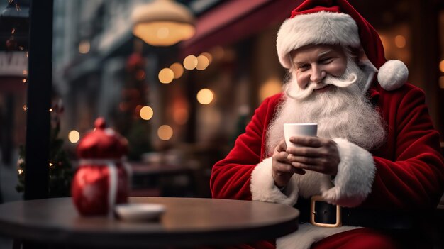 Photo le père noël boit du café à l'extérieur du café concept de noël ia générative