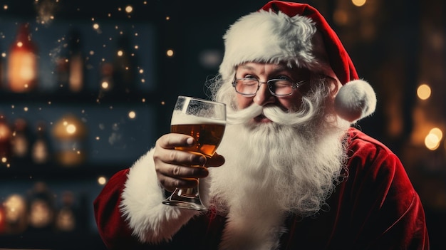 le père Noël boit du champagne à la fête de Noël