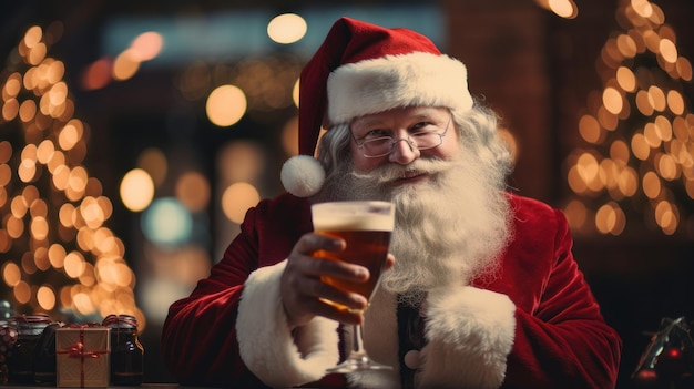 le père Noël boit du champagne à la fête de Noël