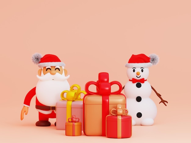 Père Noël avec bonhomme de neige, beaucoup de cadeaux. Fond de Noël, rendu 3d