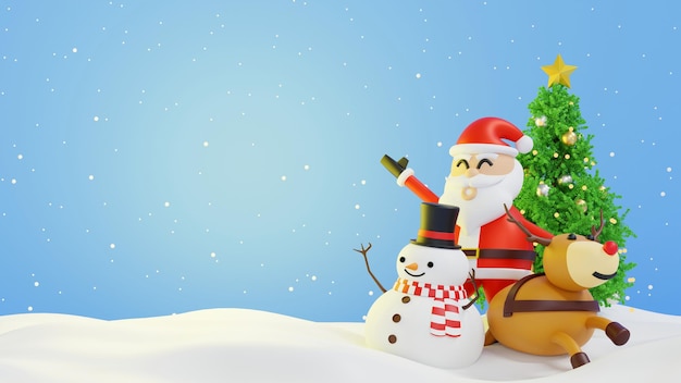 Père Noël bonhomme de neige et boîte de cadeaux de sapin de Noël Bonne année et joyeux Noël rendu 3D
