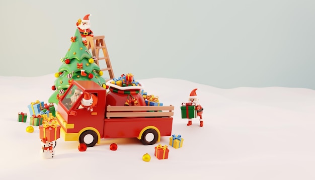 Père Noël et bonhomme de neige mettant des cadeaux sur un camion de Noël avec un arbre de Noël entouré d'une boîte-cadeau rendu 3d