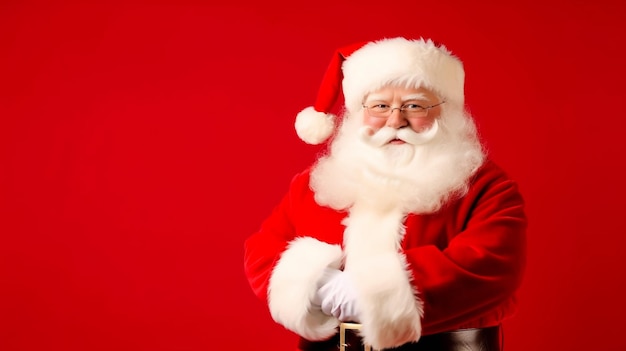 Père Noël avec cadeaux fond blanc Portrait de joyeux père Noël mâle avec cadeau coloré