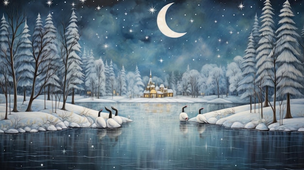 Le Père Noël capricieux et les gracieux cygnes patinage sur glace glissent sur le lac gelé éclairé par la lune