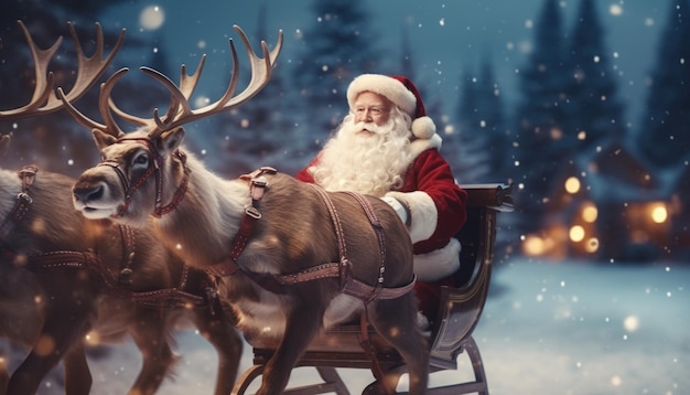 Le Père Noël à cheval dans son traîneau avec deux rennes avec la neige du soir tombant