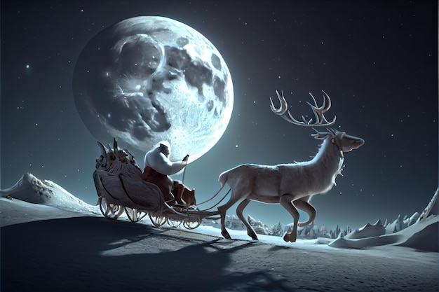 Père Noël chevauchant un cerf dans un dessin animé de traîneau 3D Joyeux Noël