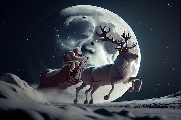 Père Noël chevauchant un cerf dans un dessin animé de traîneau 3D Joyeux Noël
