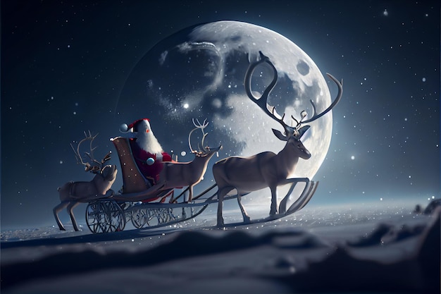 Père Noël chevauchant un cerf dans un dessin animé de traîneau 3D Joyeux Noël