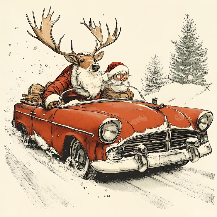 Photo père noël conduisant une voiture rouge avec un renne et un cerf