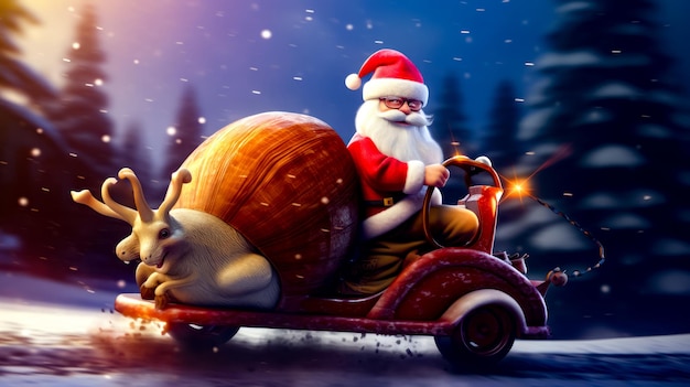 Le Père Noël conduisant une voiture rouge avec un sac de cadeaux dessus IA générative