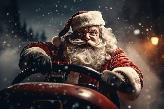 Le Père Noël conduit une voiture de sport rouge le jour de Noël039s livrant des cadeaux AI Generated