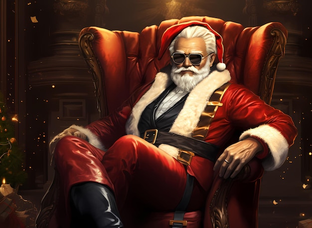 Photo père noël cool assis dans un fauteuil de luxe avec des lunettes de soleil en tant que parrain