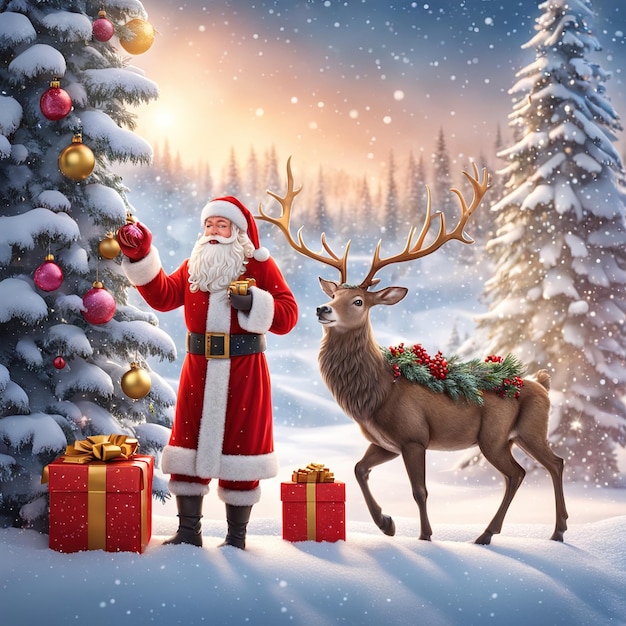 Le père Noël en costume de renne rouge avec le cadeau de Noël le père Noël et le renne dans la forêt