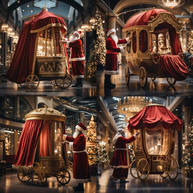 Le Père Noël en costume rouge pousse le chariot de l'hôtel