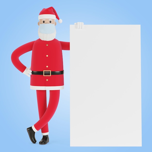 Père Noël dans un masque avec une bannière. Pour les cartes de Noël, bannières et étiquettes. Illustration 3D en style cartoon.