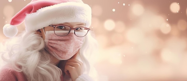 un Père Noël dans un masque médical couvrant son visage dans le style du panorama bokeh