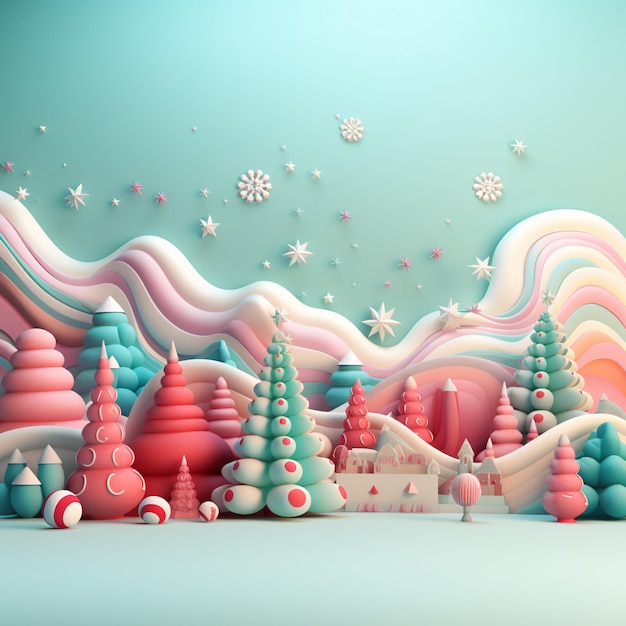 Père Noël dans la neige avec des décorations de Noël illustration en argile 3D générative ai