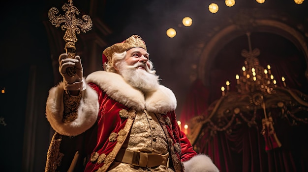 Le Père Noël dans une pose théâtrale sur fond doré